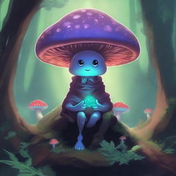 A mushroom person, inspired by Dungeons and Dragons, is depicted in a mystical underground cavern