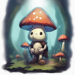 A mushroom person, inspired by Dungeons and Dragons, is depicted in a mystical underground cavern