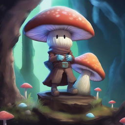 A mushroom person, inspired by Dungeons and Dragons, is depicted in a mystical underground cavern