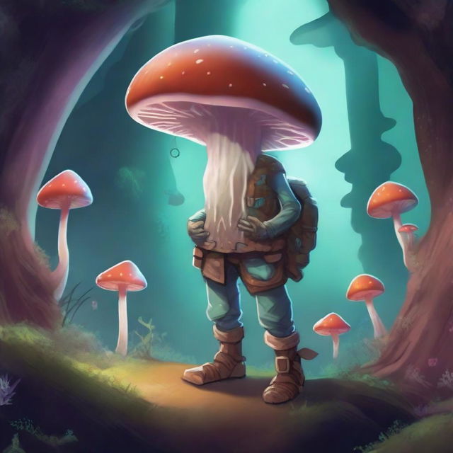 A mushroom person, inspired by Dungeons and Dragons, is depicted in a mystical underground cavern