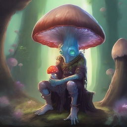 A mushroom person, inspired by Dungeons and Dragons, is depicted in a mystical underground cavern