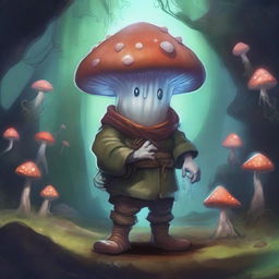 A mushroom person, inspired by Dungeons and Dragons, is depicted in a mystical underground cavern