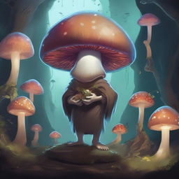 A mushroom person, inspired by Dungeons and Dragons, is depicted in a mystical underground cavern