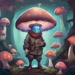 A mushroom person, inspired by Dungeons and Dragons, stands in a mystical underground cavern