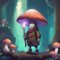 A mushroom person, inspired by Dungeons and Dragons, stands in a mystical underground cavern