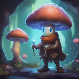 A mushroom person, inspired by Dungeons and Dragons, stands in a mystical underground cavern