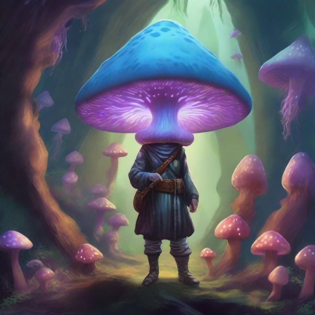 A mushroom person, inspired by Dungeons and Dragons, stands in a mystical underground cavern