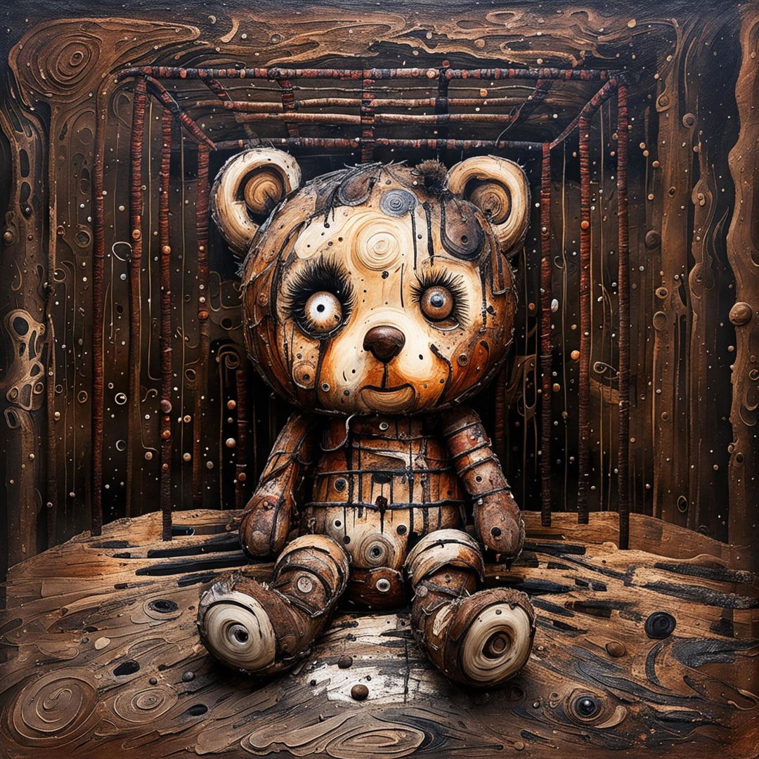 An abstract illustration of a small, cute little brown furry teddy bear that is burnt, missing an ear, has a burnt eye, patchy fur, undone stitching, and is dirty, lying down inside a cage