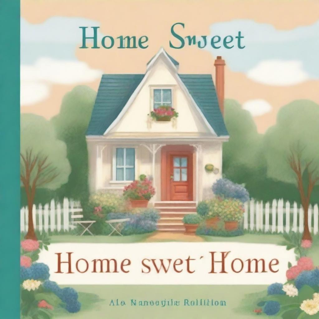 A heartwarming book cover titled 'Home Sweet Home' featuring a cozy, inviting house with a garden in the foreground