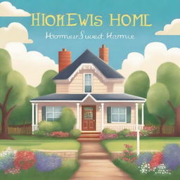 A heartwarming book cover titled 'Home Sweet Home' featuring a cozy, inviting house with a garden in the foreground