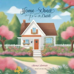 A heartwarming book cover titled 'Home Sweet Home' featuring a cozy, inviting house with a garden in the foreground