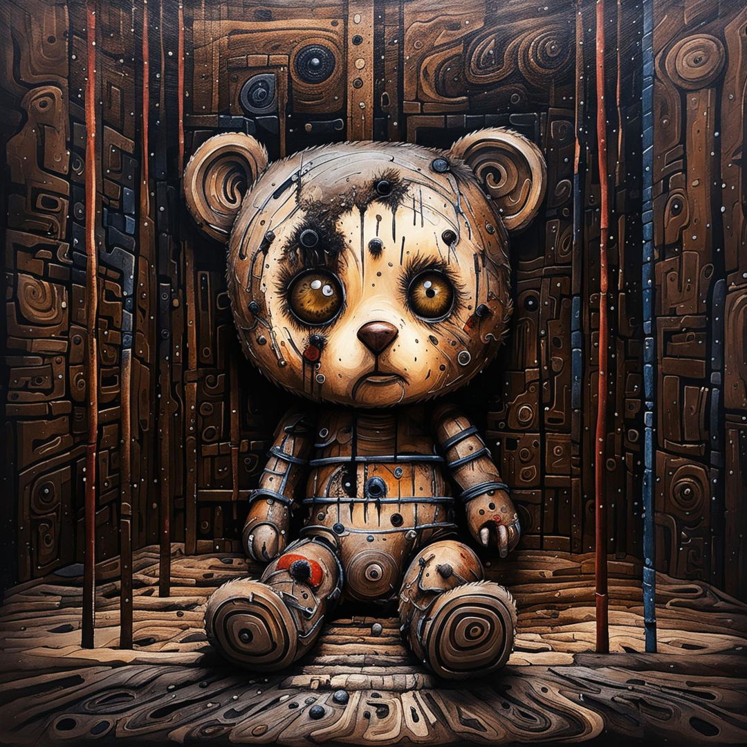 An abstract illustration of a small, cute little brown furry teddy bear that is burnt, missing an ear, has a burnt eye, patchy fur, undone stitching, and is dirty, lying down inside a cage