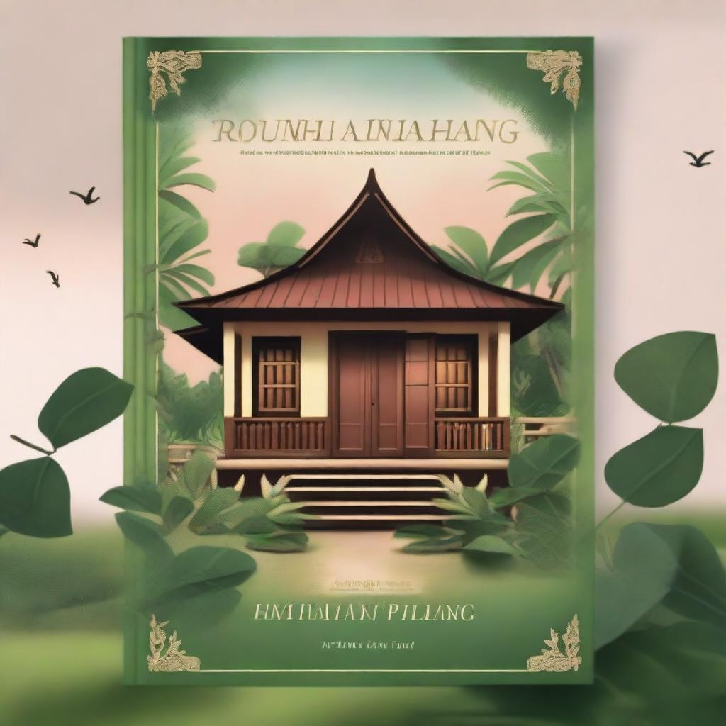 A comforting book cover titled 'Rumah untuk Pulang' featuring a traditional Indonesian house surrounded by lush greenery