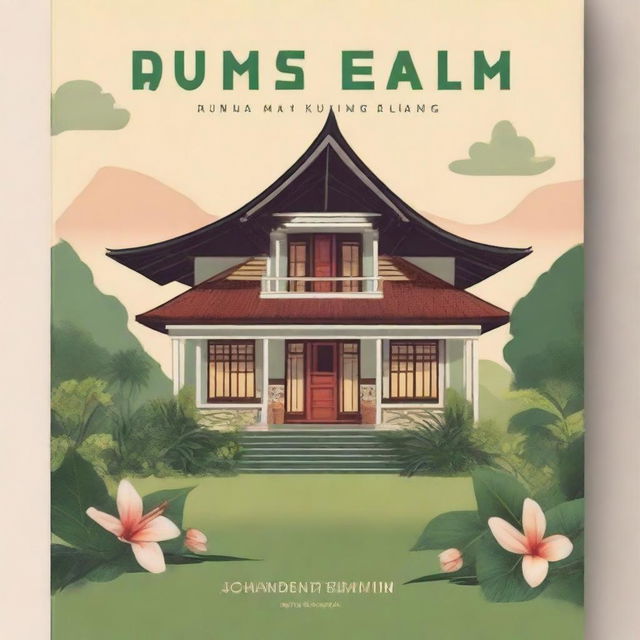 A comforting book cover titled 'Rumah untuk Pulang' featuring a traditional Indonesian house surrounded by lush greenery