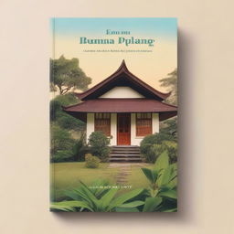 A comforting book cover titled 'Rumah untuk Pulang' featuring a traditional Indonesian house surrounded by lush greenery