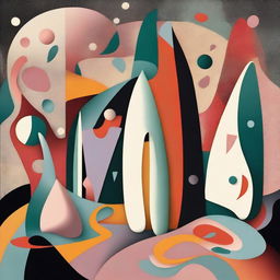 A surrealistic and abstract scene inspired by Dadaism, featuring large, exaggerated shapes and forms