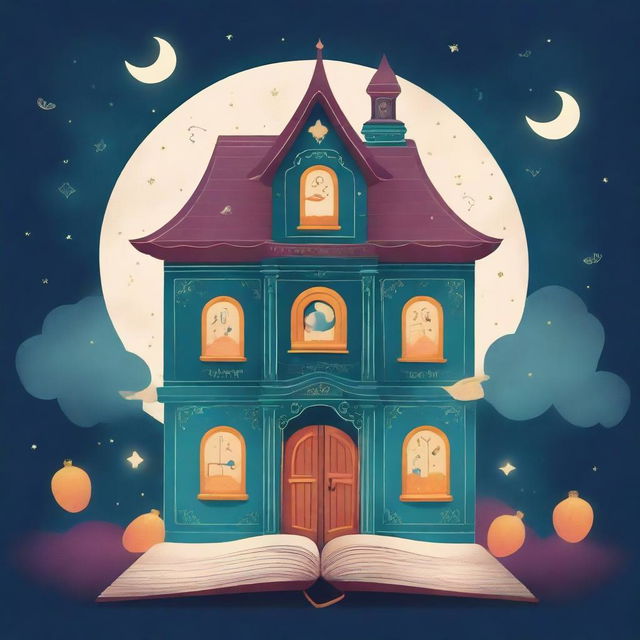 A whimsical book cover titled 'Rumah Ajaib' featuring a magical house with quirky, fantastical elements like floating windows, twisting chimneys, and glowing lights