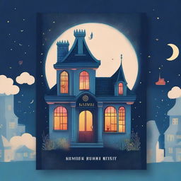 A whimsical book cover titled 'Rumah Ajaib' featuring a magical house with quirky, fantastical elements like floating windows, twisting chimneys, and glowing lights