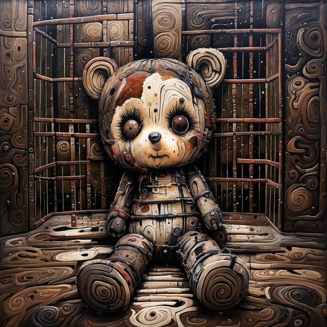 An abstract illustration of a small, cute little brown furry teddy bear that is burnt, missing an ear, has a burnt eye, patchy fur, undone stitching, dirty, crying, and lying down inside a cage