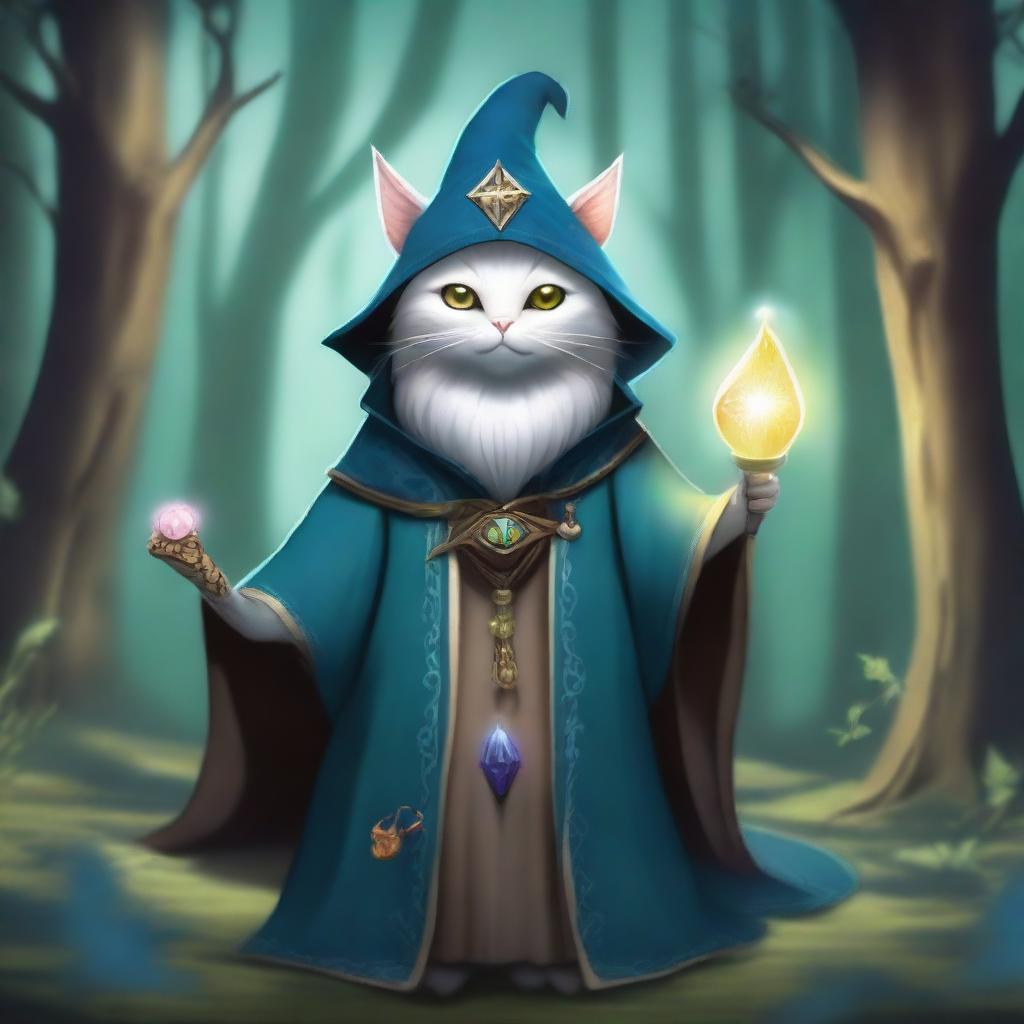 A cat wizard, inspired by Dungeons and Dragons, is depicted in a magical forest