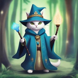 A cat wizard, inspired by Dungeons and Dragons, is depicted in a magical forest