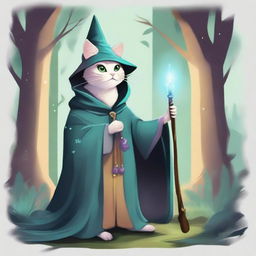 A cat wizard, inspired by Dungeons and Dragons, is depicted in a magical forest