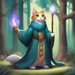 A cat wizard, inspired by Dungeons and Dragons, is depicted in a magical forest