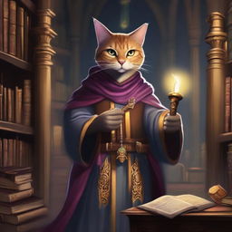 A Tabaxi wizard, inspired by Dungeons and Dragons, is depicted in an ancient library