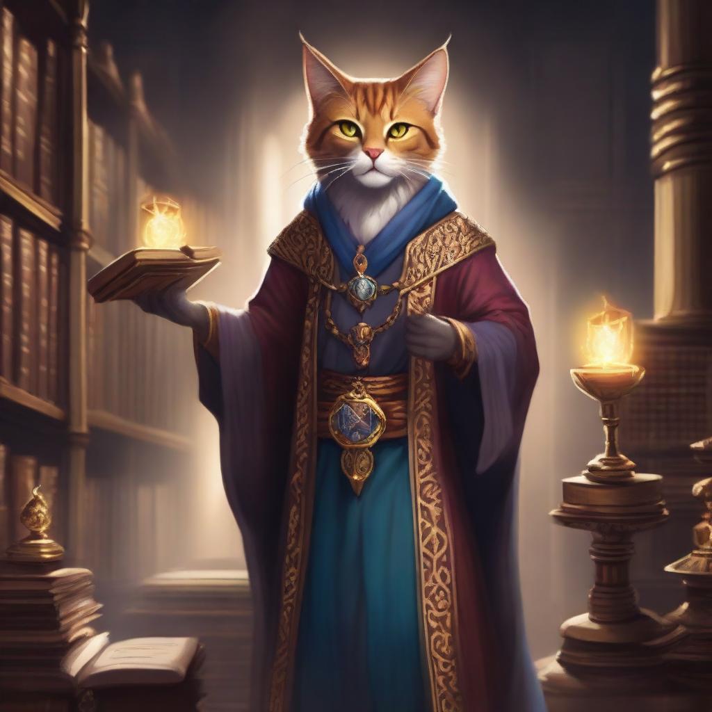 A Tabaxi wizard, inspired by Dungeons and Dragons, is depicted in an ancient library