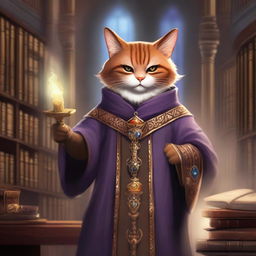 A Tabaxi wizard, inspired by Dungeons and Dragons, is depicted in an ancient library