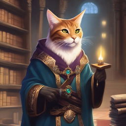 A Tabaxi wizard, inspired by Dungeons and Dragons, is depicted in an ancient library