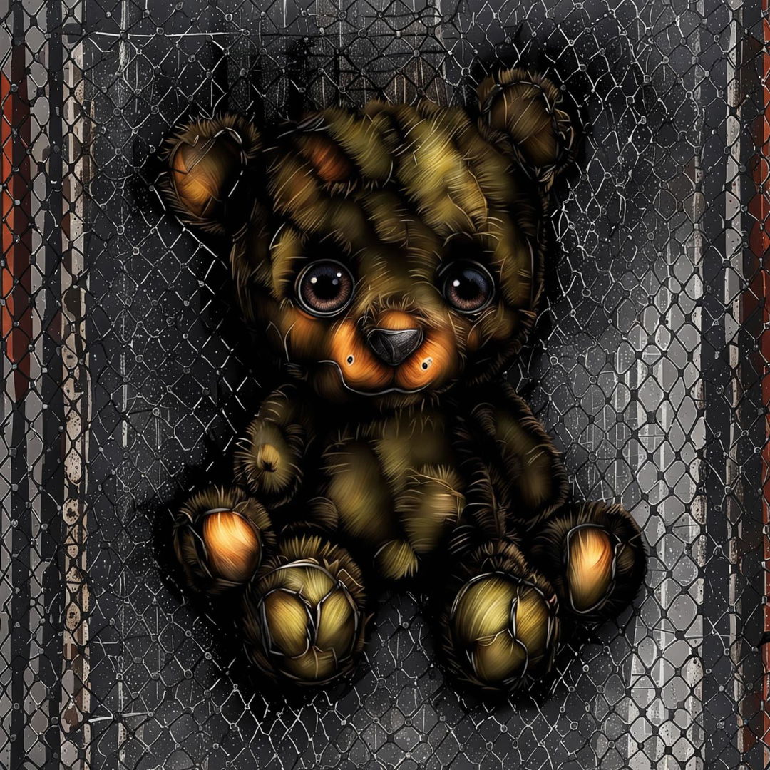 An abstract illustration of a small, cute brown furry teddy bear with burnt fur, a missing ear, a burnt eye, patchy fur, undone stitching, dirt, and tears, lying down behind a rustic wire background, evoking themes of loss and abandonment