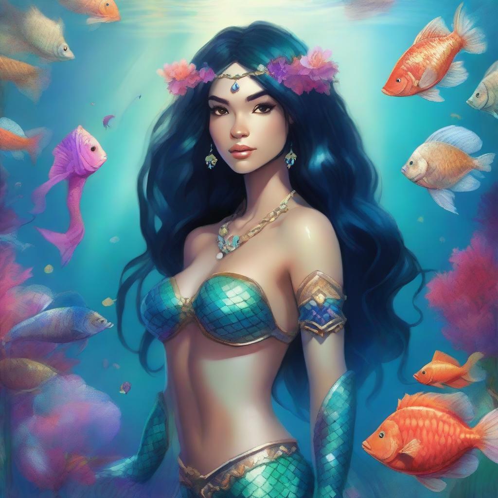 A female mermaid, inspired by Dungeons and Dragons, with flowing black hair, is depicted in an enchanting underwater kingdom