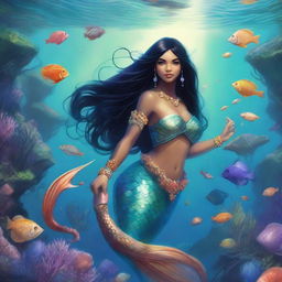 A female mermaid, inspired by Dungeons and Dragons, with flowing black hair, is depicted in an enchanting underwater kingdom