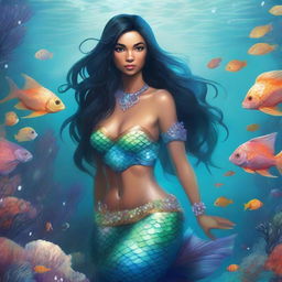 A female mermaid, inspired by Dungeons and Dragons, with flowing black hair, is depicted in an enchanting underwater kingdom