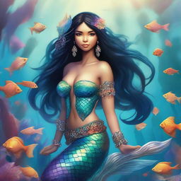 A female mermaid, inspired by Dungeons and Dragons, with flowing black hair, is depicted in an enchanting underwater kingdom