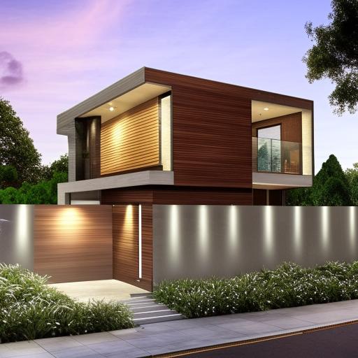 A modern home design fitting into a 33ft by 48ft area, featuring a shop and an imposing gate at the entrance. The design should demonstrate sleek lines, large windows, and contemporary architectural sensibilities.