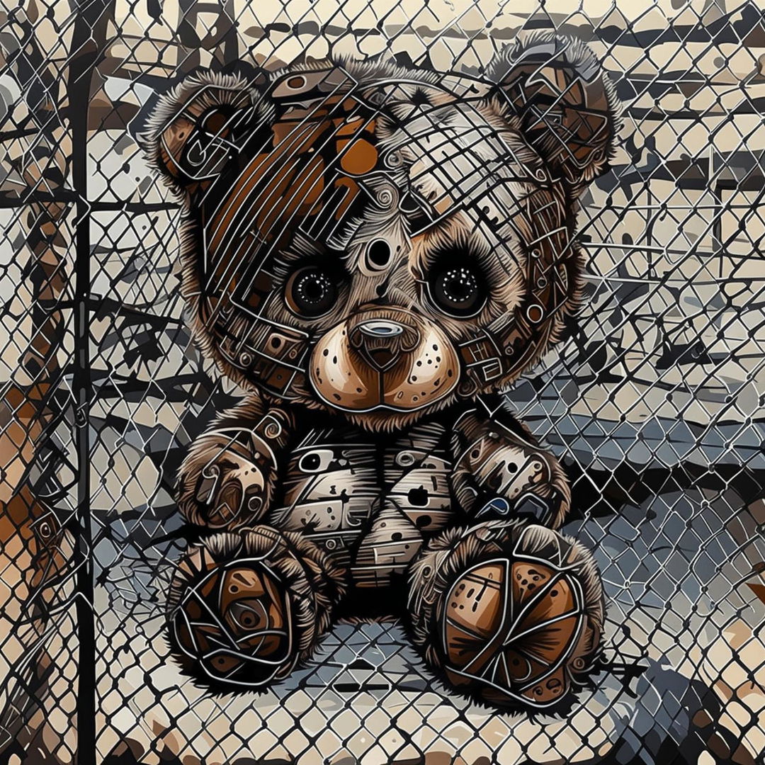 An abstract illustration of a sad, furry little brown teddy bear that is burnt, missing an ear, has a burnt eye, patchy fur, undone stitching, muddy, crying, and sitting inside a wire fence