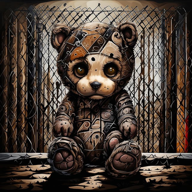 An abstract illustration of a sad, furry little brown teddy bear that is burnt, missing an ear, has a burnt eye, patchy fur, undone stitching, muddy, crying, and sitting inside a barbed wire fence