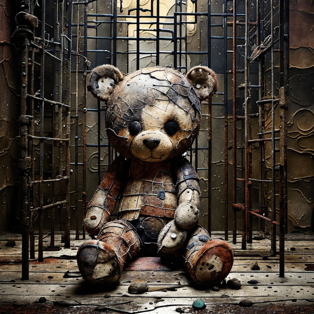 An abstract image of a sad, dirty, and burnt little brown teddy bear with a missing ear and burnt eye, patchy fur, and undone stitching, crying while sitting inside a cage