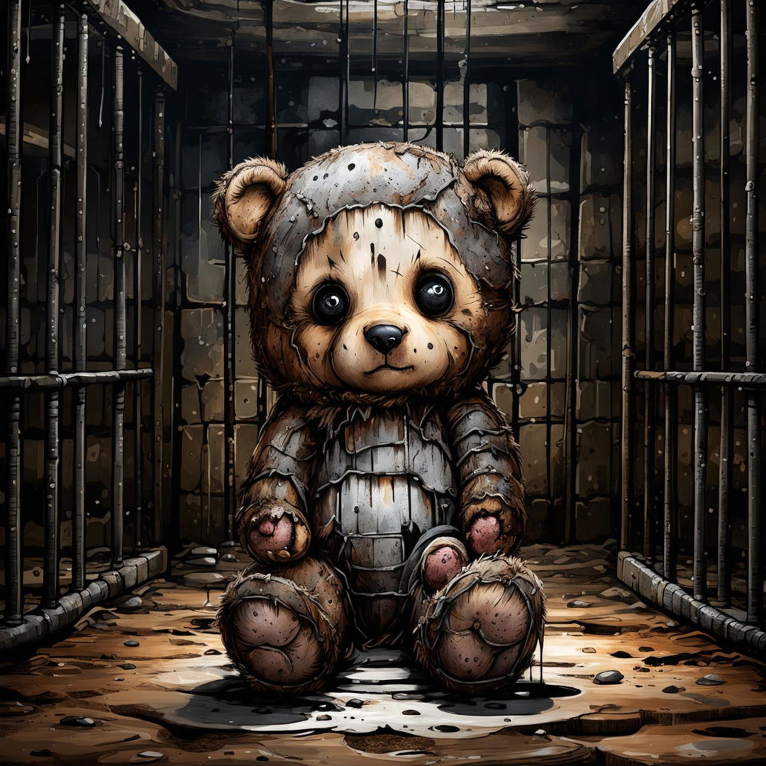 An emotional illustration of a sad, dirty, furry little brown teddy bear that is burnt, missing an ear, has a burnt eye, patchy fur, undone stitching, crying, and sitting inside a cage