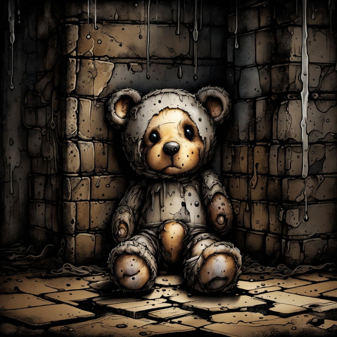 A sad, dirty, and burnt teddy bear with a missing ear and burnt eye, patchy fur, and undone stitching, crying while sitting inside a bricked wall