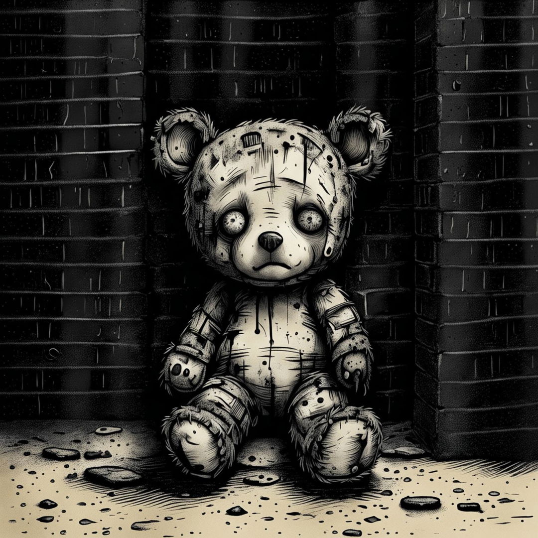 A black and white illustration of a sad, dirty, furry little brown teddy bear with burnt fur, a missing ear, a burnt eye, patchy fur, undone stitching, and tears, sitting inside a bricked wall, evoking themes of loss and loneliness