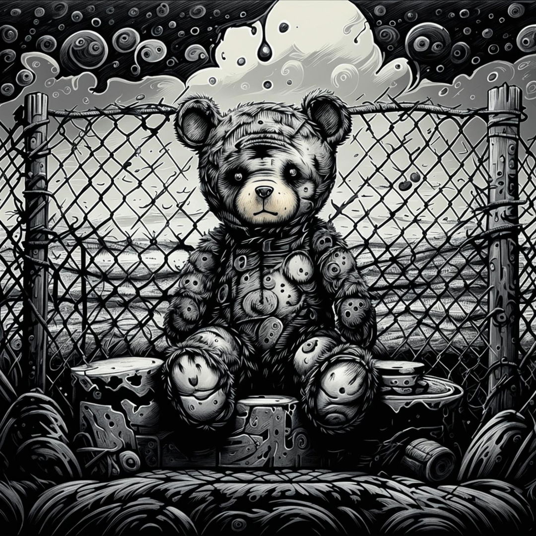 A heart-wrenching black and white illustration of a sad, dirty, furry little teddy bear with burnt, patchy fur, a missing ear, a burnt eye, and undone stitching, sitting inside a wire fence and crying, evoking a sense of abandonment and despair