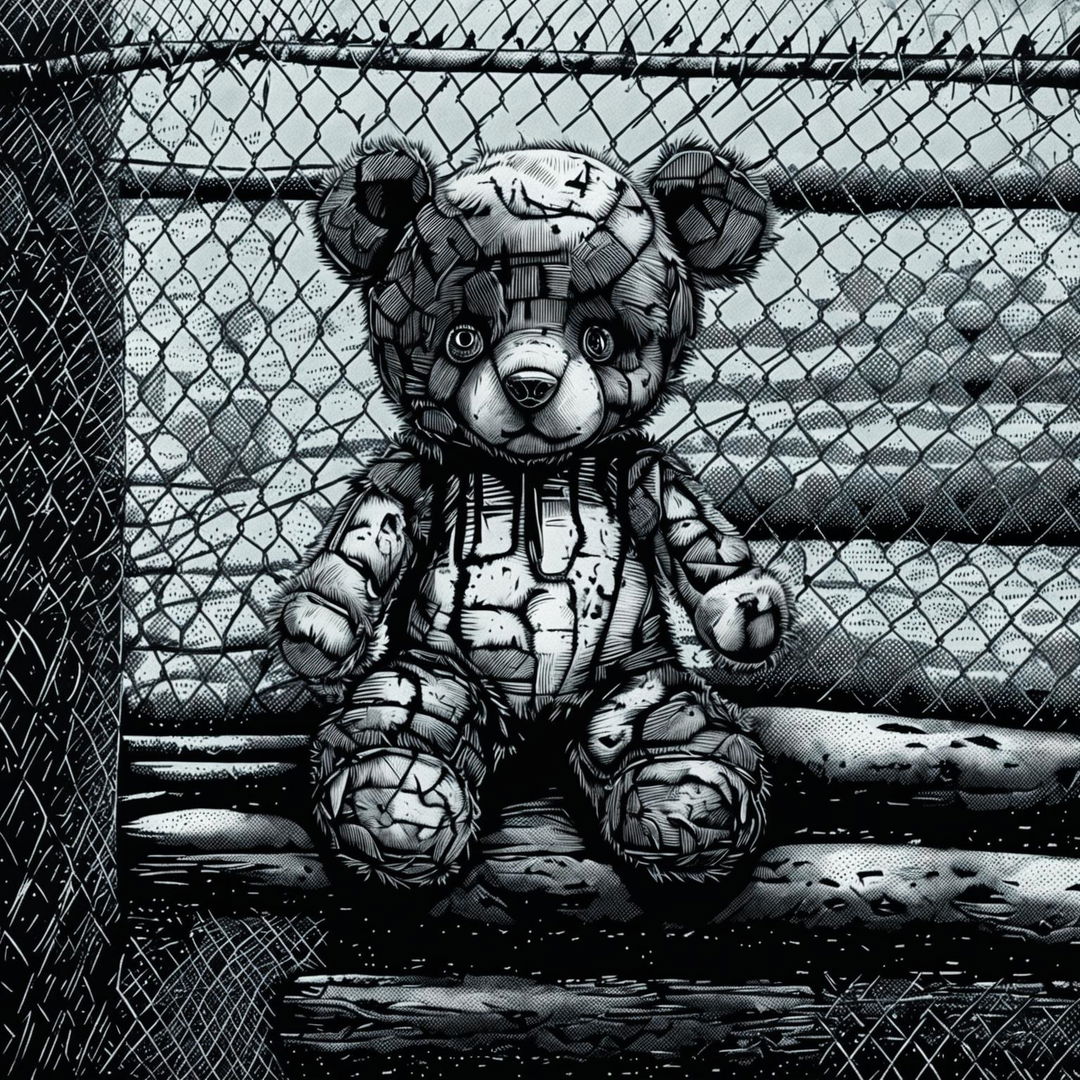 A black and white illustration of a sad, dirty, furry teddy bear with burnt fur, a missing ear, a burnt eye, and undone stitching, crying inside a wire fence, evoking a sense of abandonment and despair