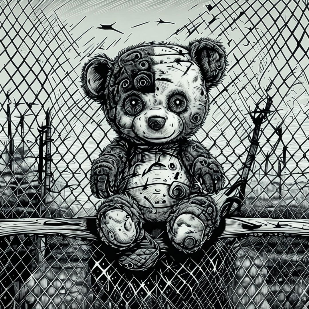 A black and white illustration of a sad, dirty, furry teddy bear with an arm on fire, burnt fur, a missing ear, a burnt eye, and undone stitching, crying inside a wire fence, evoking themes of abandonment and suffering