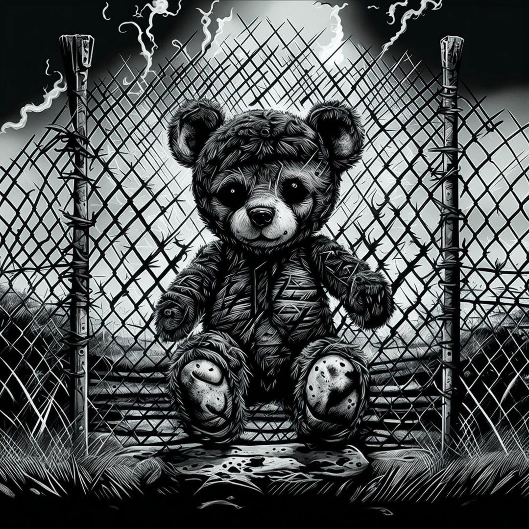 A black and white illustration of a sad, dirty, furry teddy bear engulfed in flames, with burnt fur, a missing ear, a burnt eye, and undone stitching, crying inside a wire fence, evoking themes of abandonment and suffering