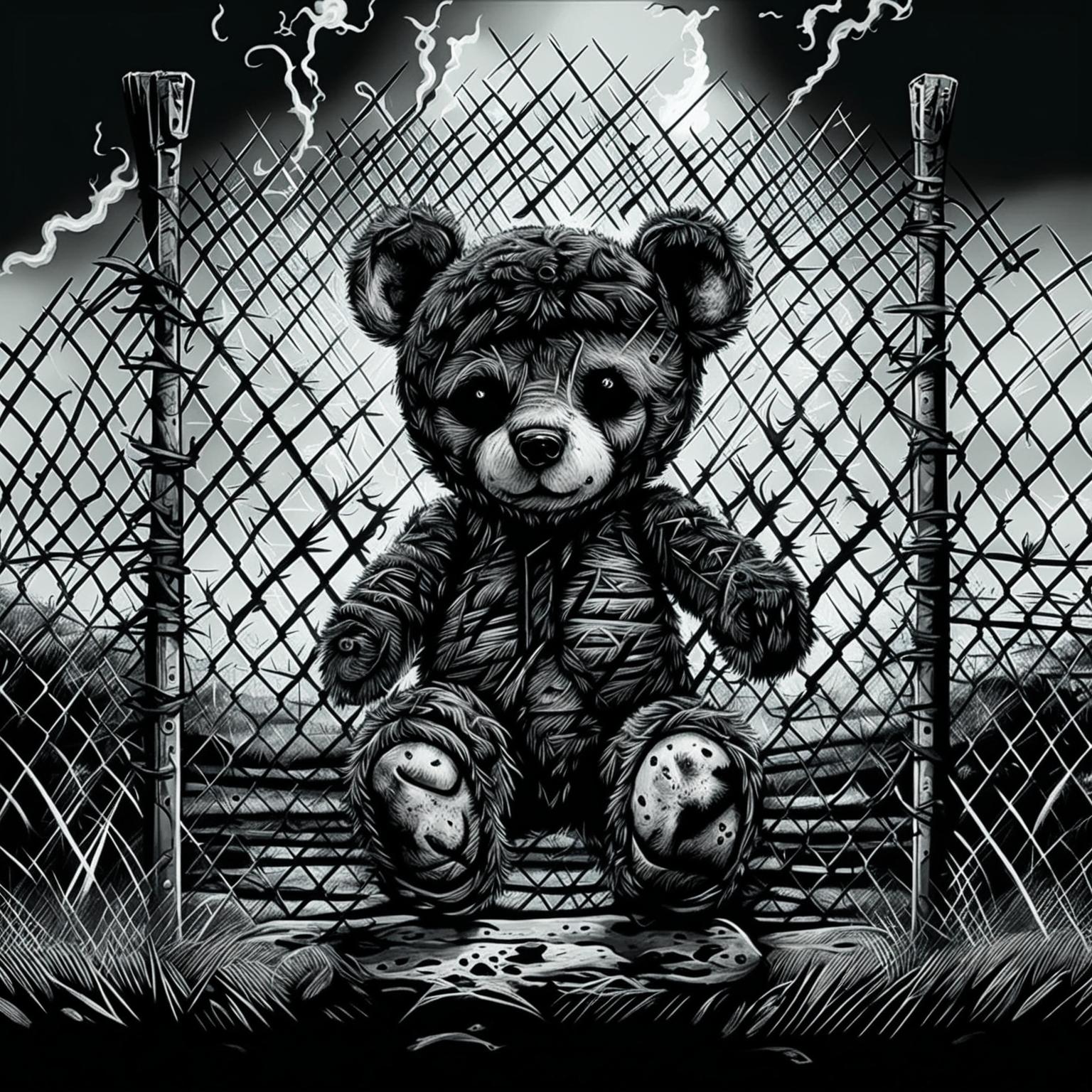 A black and white illustration of a sad, dirty, furry teddy bear engulfed in flames, with burnt fur, a missing ear, a burnt eye, and undone stitching, crying inside a wire fence, evoking themes of abandonment and suffering