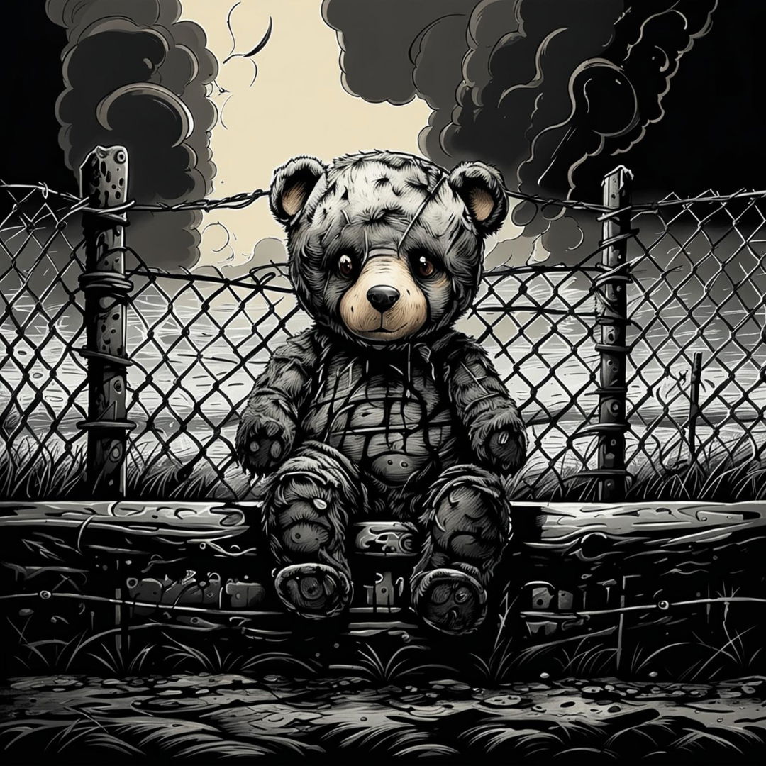 A black and white illustration with hints of brown, showing a sad, furry teddy bear with an ear on fire, missing eye, patchy fur, undone stitching, and tears, sitting behind a wire fence, evoking a sense of abandonment and despair