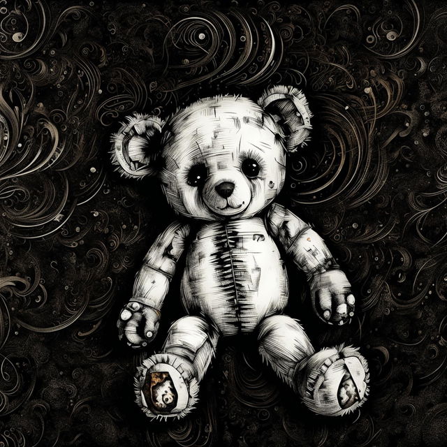 A black and white illustration with hints of brown, showing a sad, furry teddy bear with an ear on fire, missing eye, patchy fur, undone stitching, and tears, laying down against an abstract background, evoking a sense of loss and despair